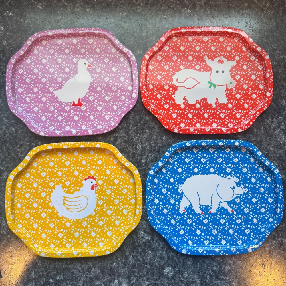 Vintage Farmhouse Animal Tin Trays Set of 4 Duck Cow Chicken Pig Cottagecore